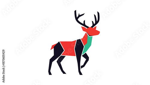 Geometric deer illustration standing proudly with impressive antlers and vibrant colors on display.