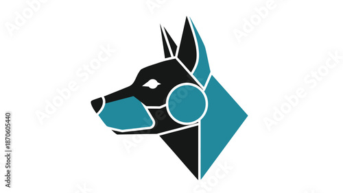 Geometric dog head illustration with teal and black colors on white background.