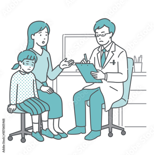 体調不良の女の子と母親の問診（男性医師・白衣・小児科）