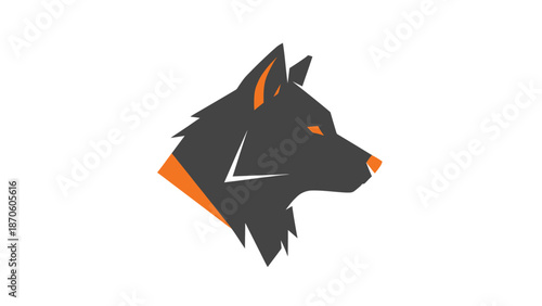 Stylized wolf head logo design with sharp angles and orange accents on a white background.