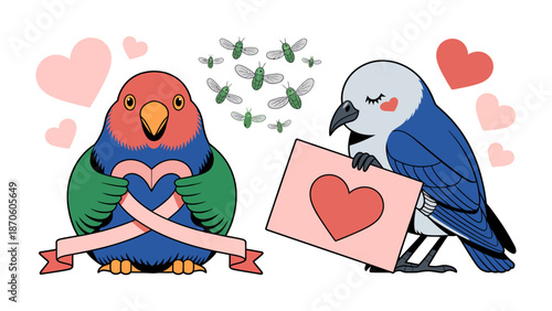 Love Birds Express Affection: Two charming lovebirds share sweet moments, one clutching a heart-shaped embrace, while the other offers a romantic note with a heart.