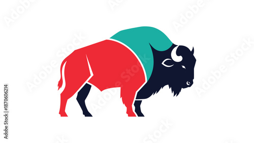 Vibrant bison illustration showcasing bold colors and geometric design elements, standing proudly.