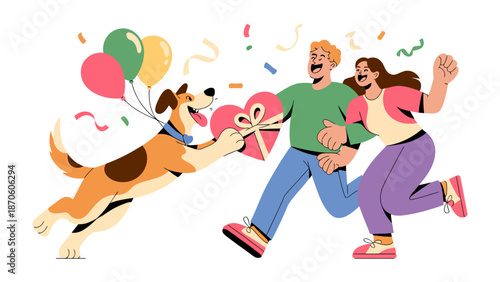 Dog's Gift of Love: A heartwarming illustration showcases a dog joyfully presenting a heart-shaped gift box to a couple, accompanied by festive balloons and confetti.
