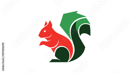 Vibrant red squirrel logo design with green tail and body details, perfect for branding.