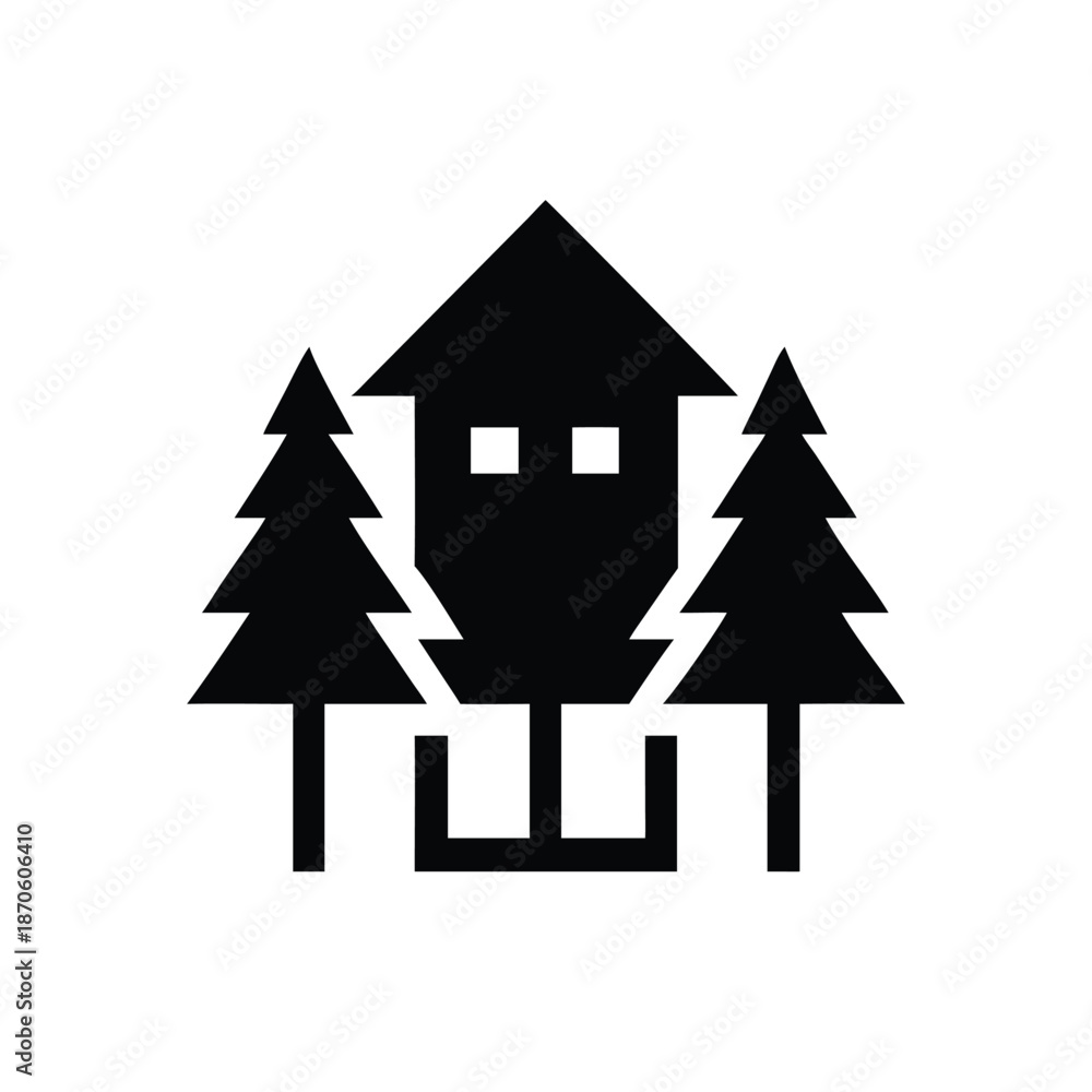 Obraz premium Abstract Elevated Cabin Icon Surrounded by Pine Trees