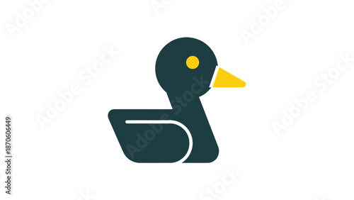 Simple illustration of a dark duck with yellow beak and eye, isolated on white background.