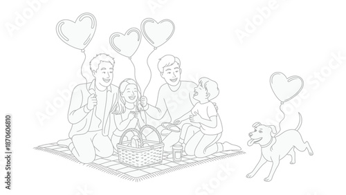 Family Picnic: A loving family enjoys a delightful picnic together, surrounded by heart-shaped balloons, creating a heartwarming scene of togetherness, joy, and affection.