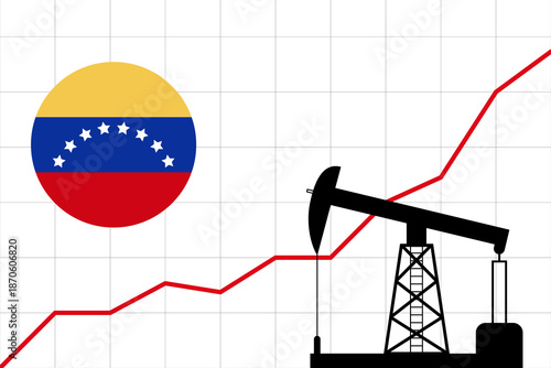 Increased oil production in Venezuela. ascending chart symbolizing that oil supplies are growing. oil pump and Venezuelan flag.