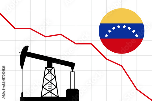 Decrease in oil production in Venezuela. descending chart symbolizing that oil supplies are falling. oil pump and Venezuelan flag.