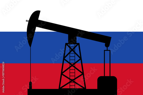 Silhouetting oil pumpjack against Russian flag, merging energy industry symbol with national emblem
