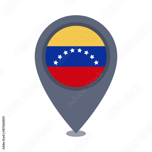 Integrating Venezuelan flag into map pin design, showcasing yellow, blue with stars, red bands in circular emblem