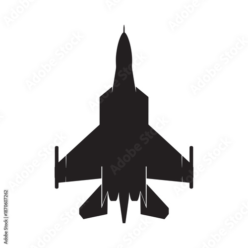 Black silhouette of a fighter jet from rear view