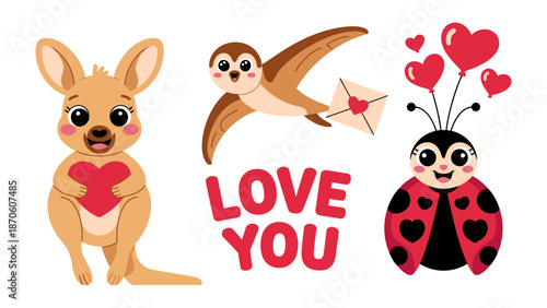 Valentine's Day Love Parade: a delightful illustration featuring a cute kangaroo, a charming bird delivering a love letter, and a smiling ladybug holding heart-shaped balloons.