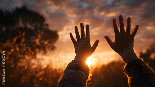 hands in the sun. mom and daughter hands reach out to the sun silhouette sunlight. happy family kid dream concept. mom and daughter dream of god religion sunset concept