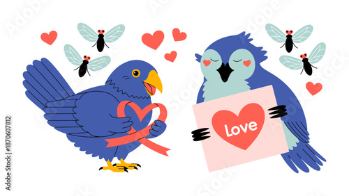Lovebirds' Serenade: Adorable blue birds convey love through heart symbols, showcasing a whimsical romantic scene, featuring the concept of affection.