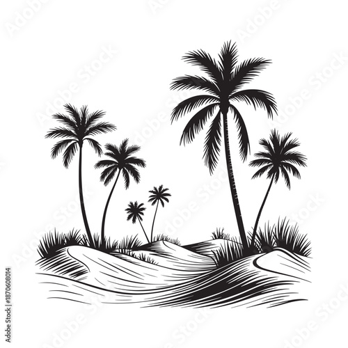 Black and white illustration of palm trees on a sandy beach