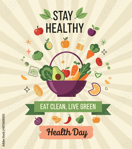 Colorful healthy lifestyle illustration with basket of vegetables fruits ribbon banners promoting clean eating green living wellness health day design