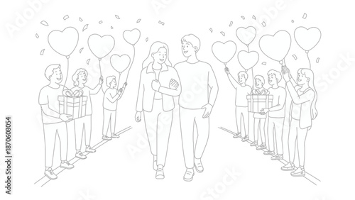 Love's Grand Walk: A pair embraces, hand-in-hand, as loved ones shower them with heart-shaped balloons and gifts, embodying the essence of romance and togetherness.
