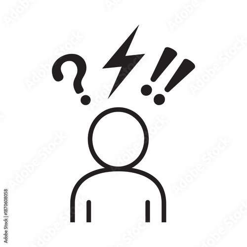 Person with question mark and exclamation point symbols above head