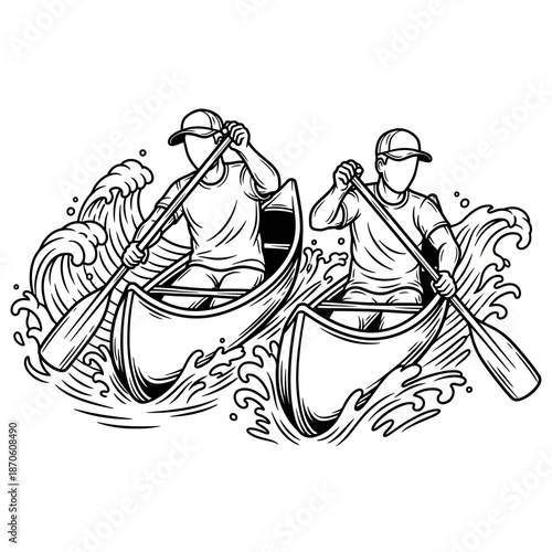 Dynamic black and white line art illustration of two people paddling canoes through turbulent splashing waves.