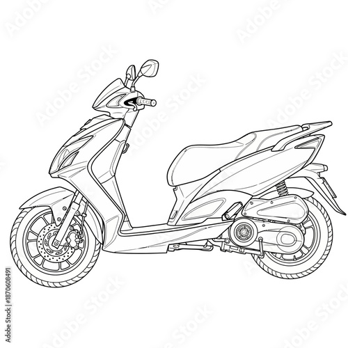 Detailed line art illustration of a modern motor scooter side profile view with intricate mechanical details.