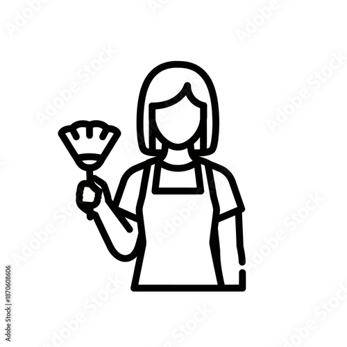 Minimalist line icon of a female cleaner wearing an apron and holding a feather duster.