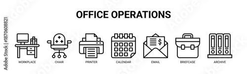 Office Operations web banner icon vector illustration concept for business with icon of workplace, chair, printer, calendar, email, briefcase, and archive.