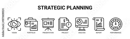 Strategic Planning web banner icon vector illustration concept for business with icon of vision, portfolio, presentation, project, analysis, report, and performance.