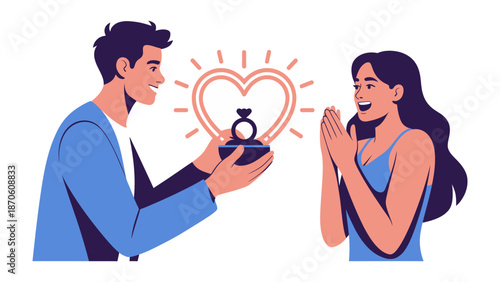 Romantic Proposal: A moment of heartfelt romance as a man offers a sparkling ring to a delighted woman, symbolizing love and commitment, set against a backdrop of a glowing heart.
