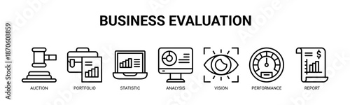 Business Evaluation web banner icon vector illustration concept for business with icon of auction, portfolio, statistic, analysis, vision, performance, and report.
