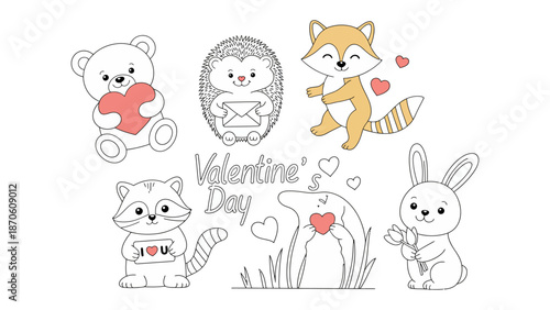Valentine's Day animal characters: An adorable group of animal characters celebrating love with hearts and warm messages, perfect for Valentine's Day. 
