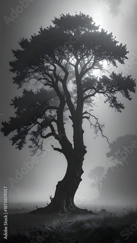 Monochrome depiction of a towering tree enveloped in mist