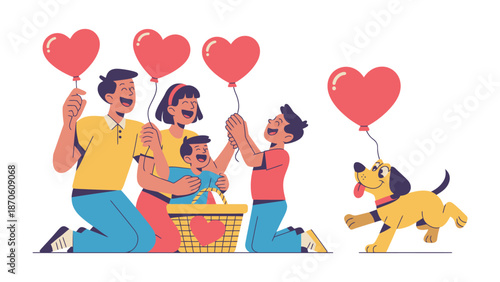 Heartfelt Harmony: A family, joyfully sharing heart-shaped balloons, celebrates togetherness and love, complemented by a playful dog. 