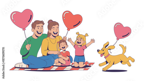Family and Dog Celebrate with Balloons:  A joyful family and dog revel in a festive atmosphere, holding heart-shaped balloons, spreading happiness, celebrating love and togetherness.