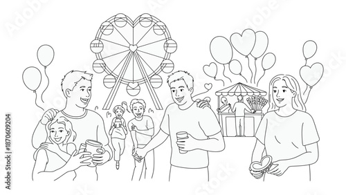 Amusement Park Fun: An illustration portrays joyous people enjoying the festive atmosphere of an amusement park, complete with Ferris wheel, balloons, and smiling figures.
