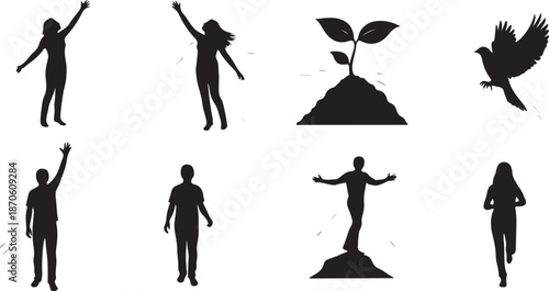 Silhouettes of people in various poses and freedom