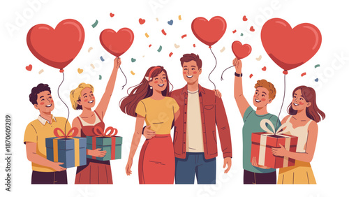 Love's Embrace: a group of friends celebrates the couple's happiness, with heart-shaped balloons and gifts, expressing love and togetherness. 