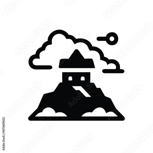 Ancient temple silhouette on cloud-kissed peak