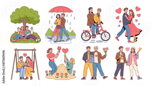 Endearing Romance: A collection of sweet illustrations depicts couples sharing intimate moments, embodying love and connection, perfect for conveying themes of affection, bonding and relationship.