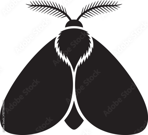 Black silhouette of moth insect with feathered antennae isolated on transparent background art