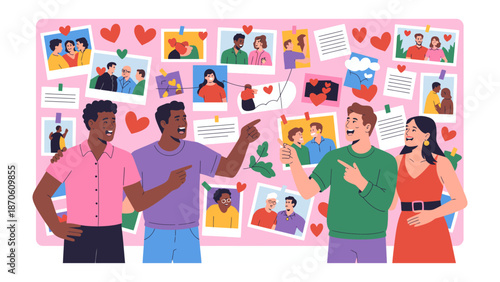 Shared Moments of Love: A diverse group of individuals gathered around a photo wall, pointing to photographs of cherished moments. The air is filled with stories, laughter.