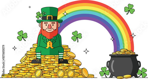 Leprechaun sitting on a pile of gold coins under a vibrant rainbow with a pot at the end