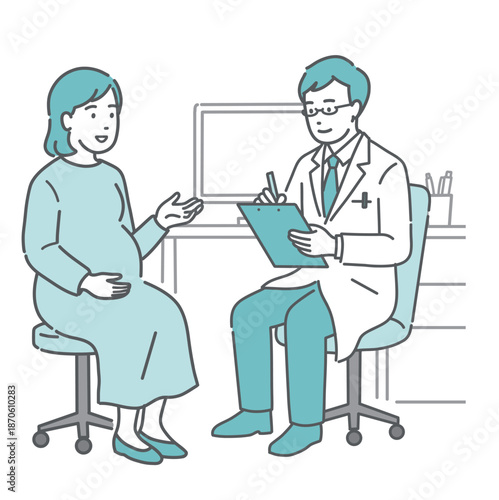 問診をする男性医師と妊婦（白衣・産婦人科・マタニティ）