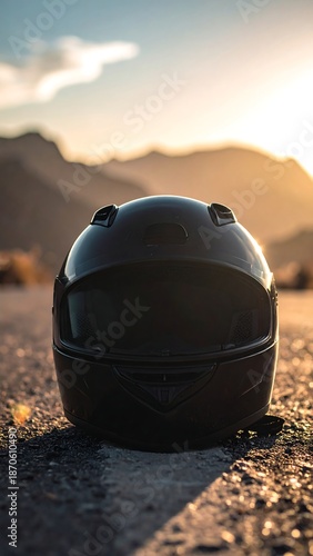 Motorcycle helmet on asphalt against mountains and sunset