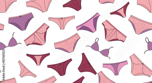 Seamless pattern of pink and purple women undergarments including bras and panties for lingerie fashion retail background or feminine textile design