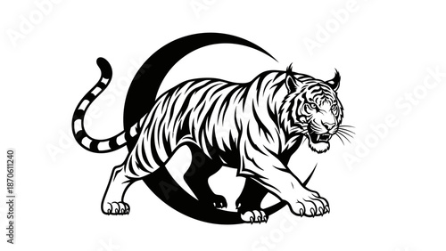 Striking monochrome vector illustration of a tiger prowling against a crescent moon backdrop