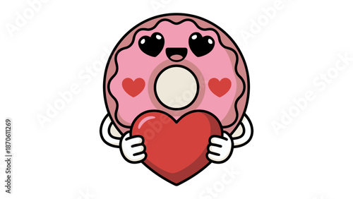 Sweetheart Donut: A cute, animated donut with a charming smile and heart-shaped sprinkles, lovingly embracing a red heart, symbolizing sweetness and affection.