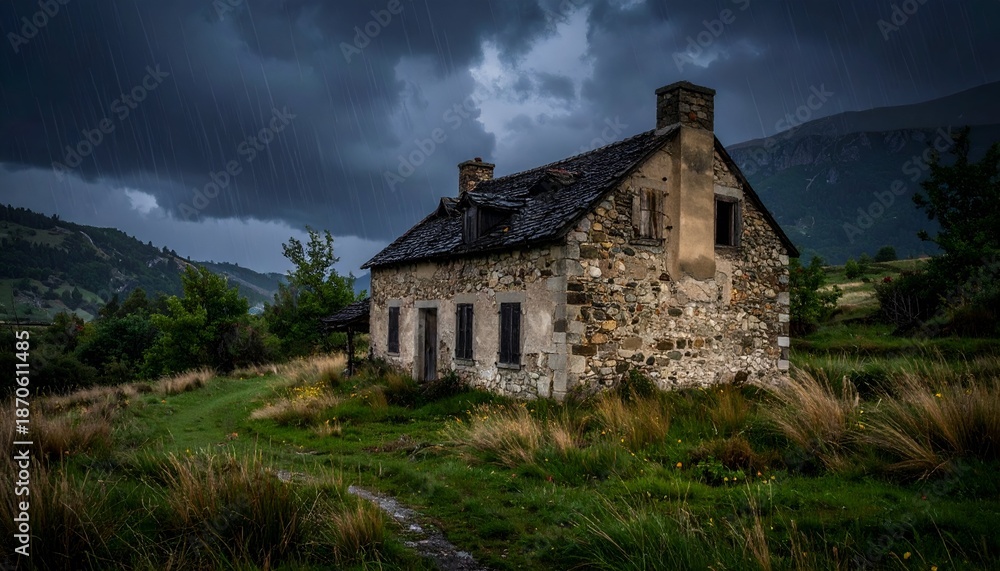 Obraz premium Rustic stone house in moody landscape architecture and nature