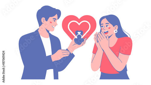 Love's Proposal: A tender moment unfolds as a man kneels, presenting a ring to a woman, symbolizing a deep commitment and promise within a heart-shaped embrace. 