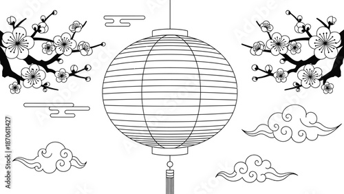 Elegant monochrome illustration of a traditional chinese lantern with floral accents scene
